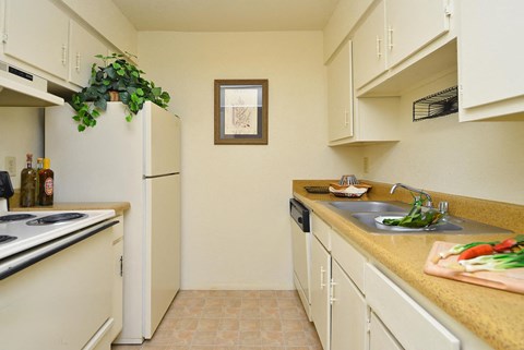a kitchen with a sink and a refrigerator