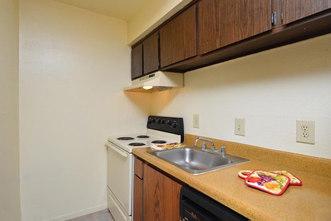 a kitchen with a sink and a stove