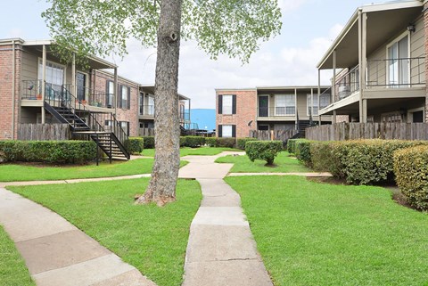 our apartments have a spacious courtyard with grass and trees