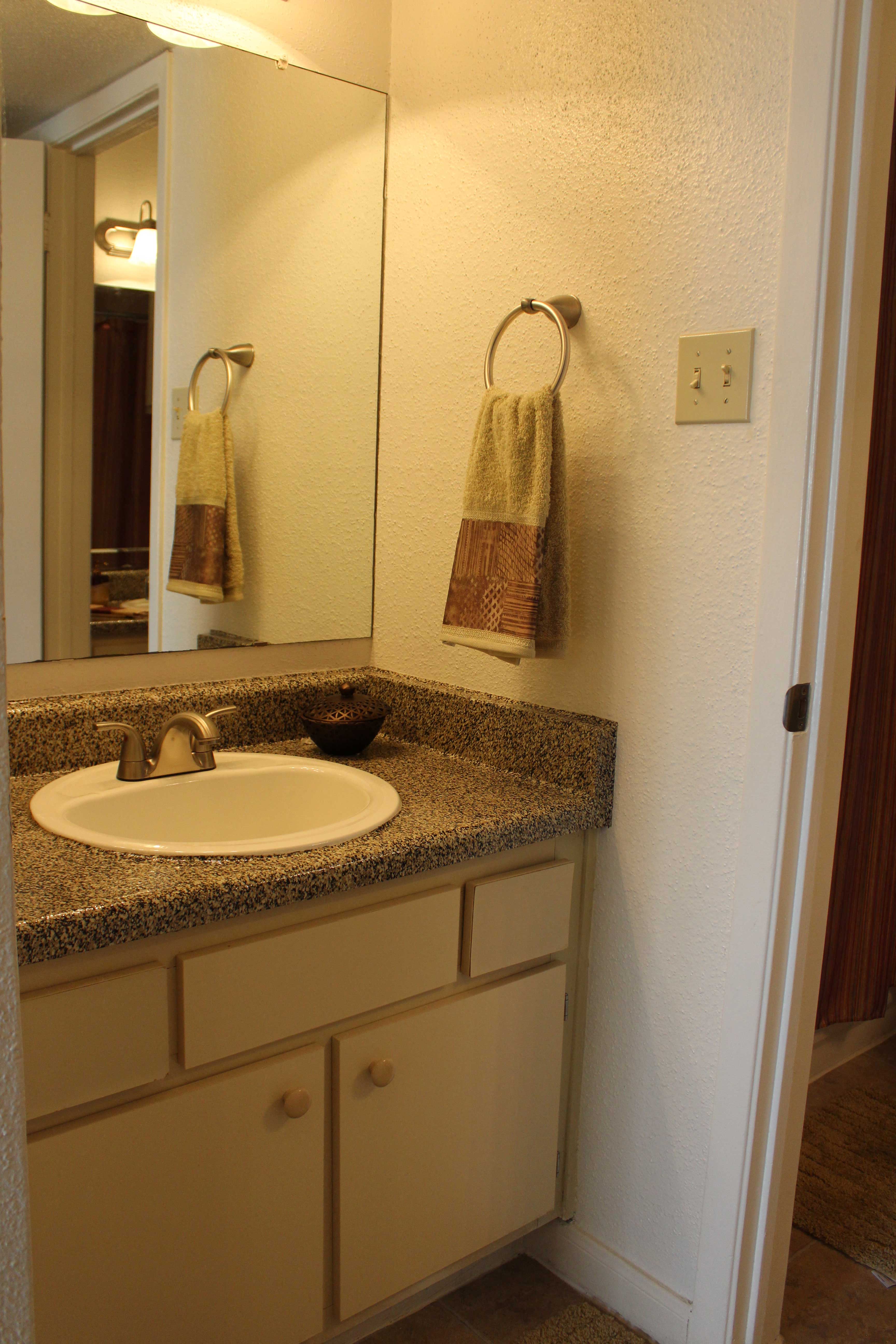 a small bathroom with a sink and a mirror