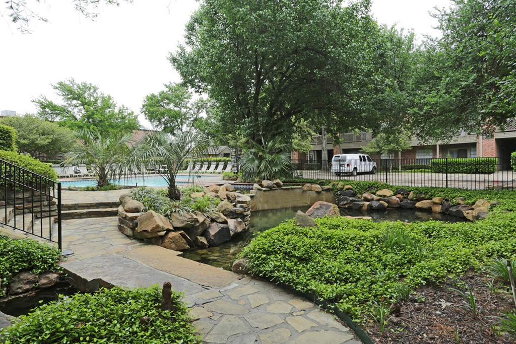 a backyard with a pool and rocks and trees
