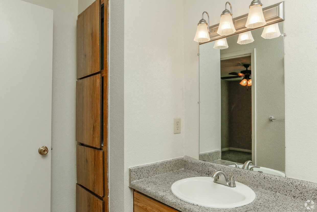 a bathroom with a sink and a mirror