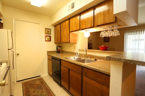 a kitchen with a sink and a refrigerator
