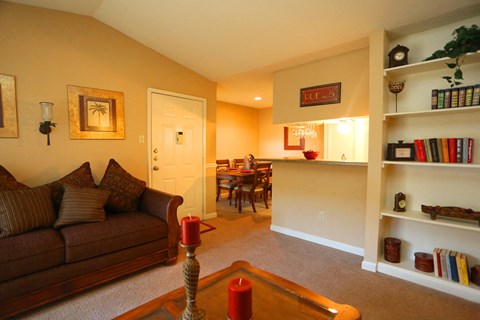 a living room with a couch and a book shelf