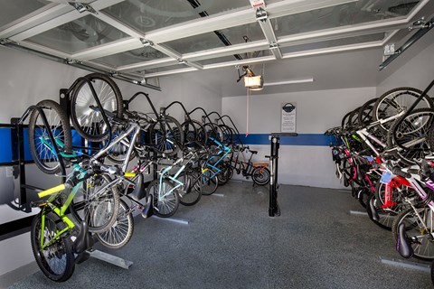Indianapolis Lake Clearwater Apartments cycle hub with indoor storage and repair station
