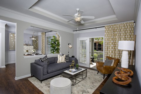 Indianapolis Lake Clearwater Apartments living room with crown molding and tray ceiling