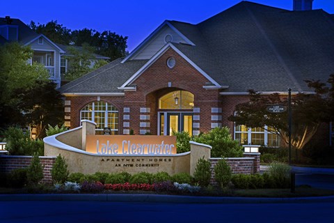 Indianapolis Lake Clearwater Apartments entrance at dusk