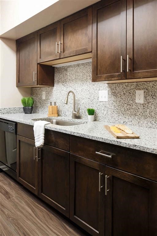 The Overlook at St. Thomas Apartments Louisville modern kitchen with granite countertops