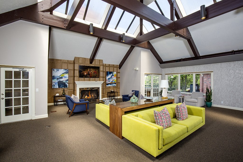 The Overlook at St. Thomas Apartments Louisville spacious resident lounge with fireplace