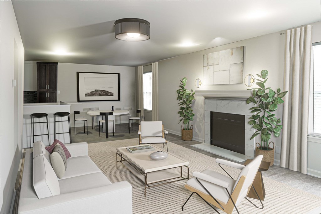 The Willows Apartments Louisville living room with marble fireplace hearth