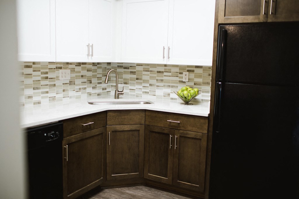 The Willows Apartments Louisville modern kitchen with quartz countertops and tile backsplash
