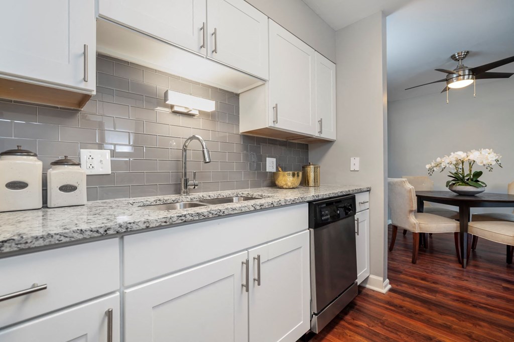 a kitchen with white cabinets and a sink