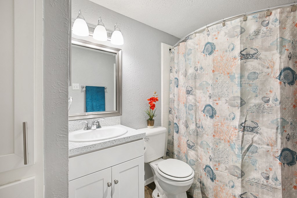 a bathroom with a shower curtain and a toilet and sink