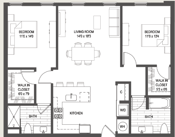 2 bed 2 bath floor plan G at Iron Works Sono, Connecticut, 06854