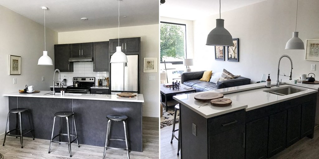 two pictures of a kitchen and a living room
