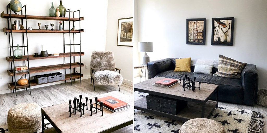 two pictures of a living room with a couch and a table