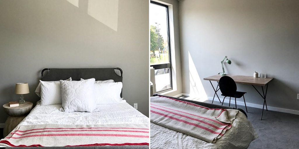 a bedroom and a desk with a bed