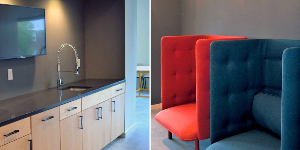 a chair and a kitchen in a room