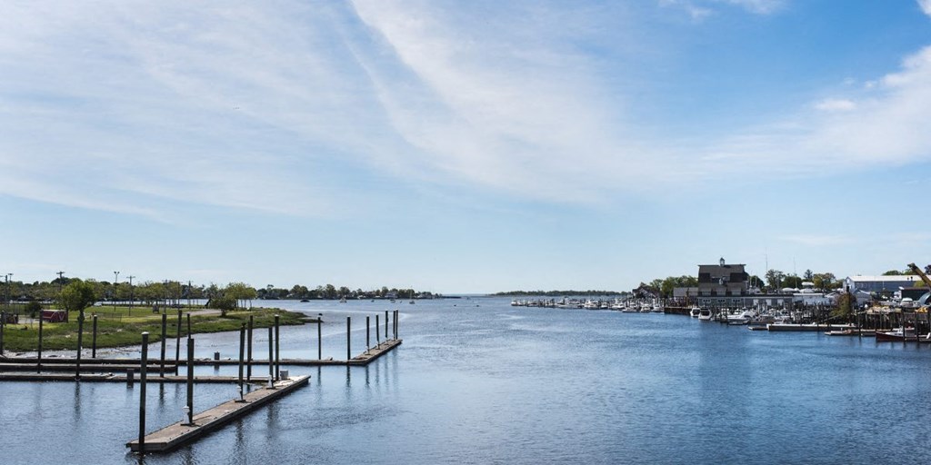 a large body of water with docks on it