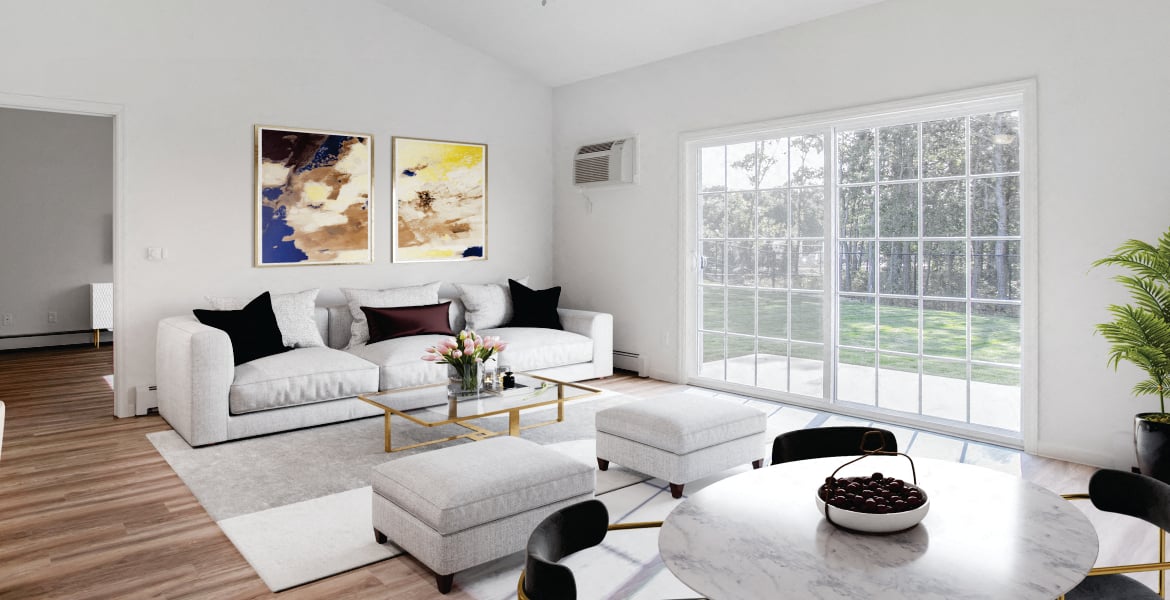 Living Room With Expansive Window at Echo Pond Luxury Apartments, Moriches, New York