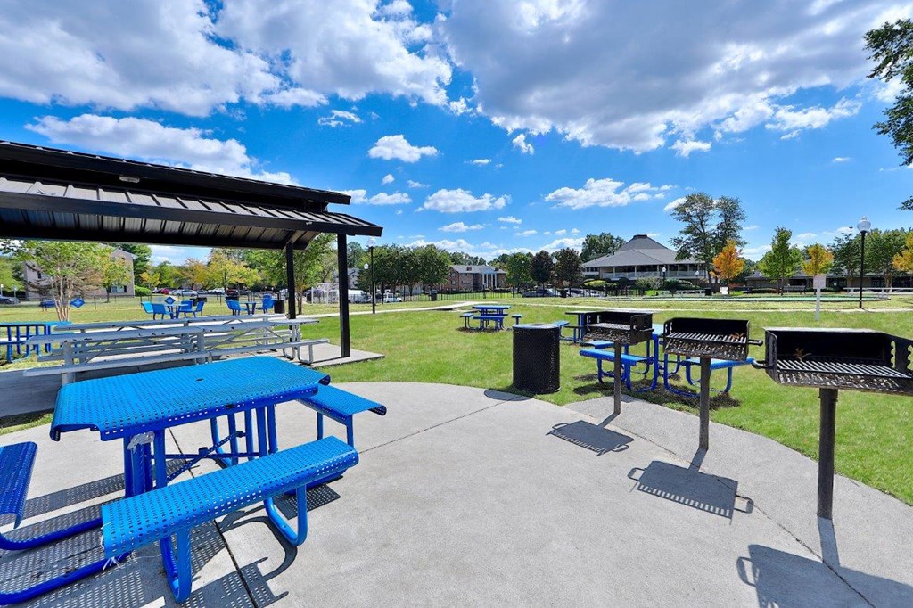 a picnic area with benches and tables in a park