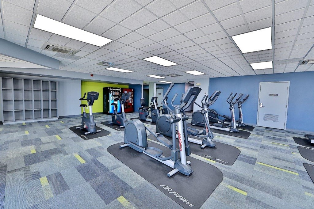 a gym with cardio equipment and weights in a building