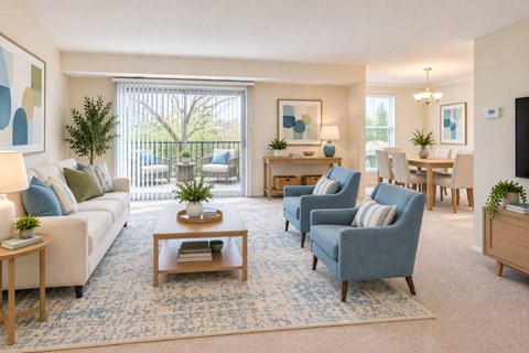A living room with a white couch, blue chairs, and a wooden coffee table.