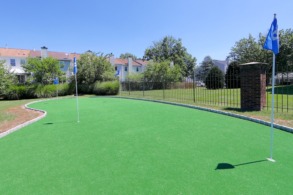 a putting green with two flags on it and houses in the background