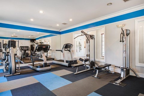 a gym with treadmills and other exercise equipment