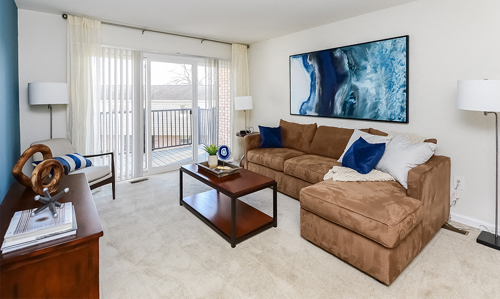 a living room with a couch and a coffee table