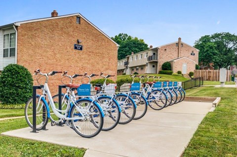 a row of blue bikes parked in front of a building