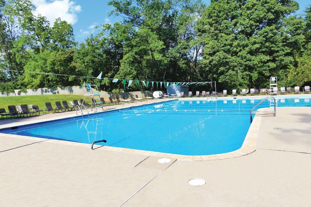 a large swimming pool with trees in the background