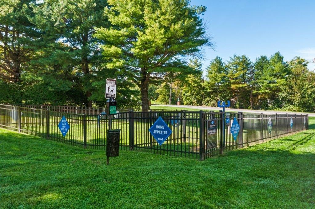 a black wrought iron fence with blue signs on it