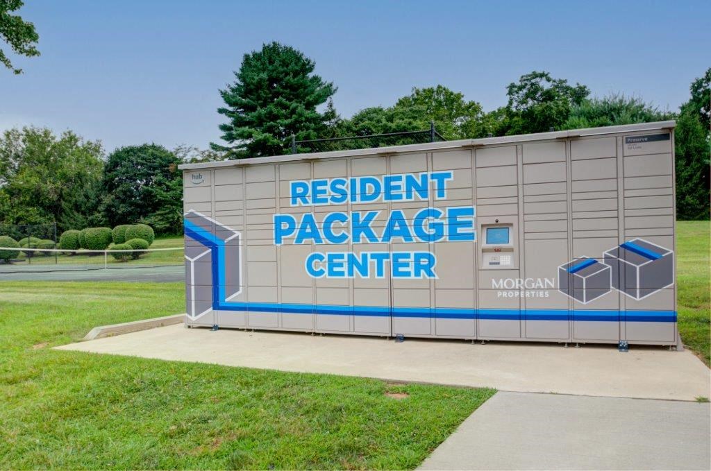 a building with the resident package center sign on it