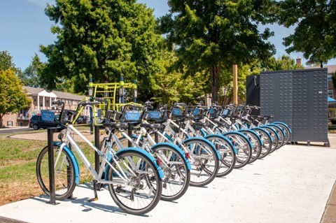 a row of bikes parked next to each other