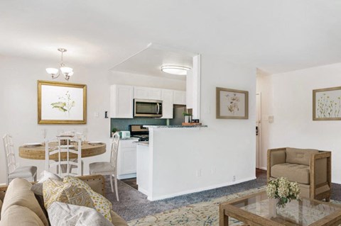 a living room with a kitchen and a dining room