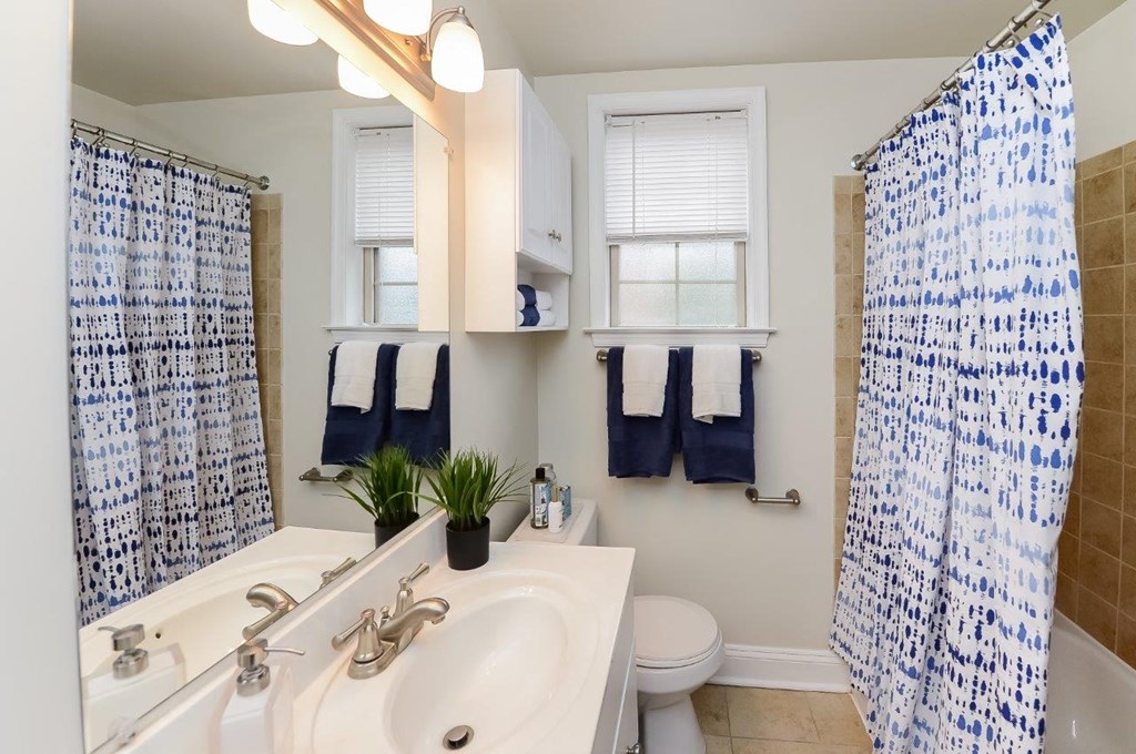 a bathroom with a blue and white shower curtain and a sink