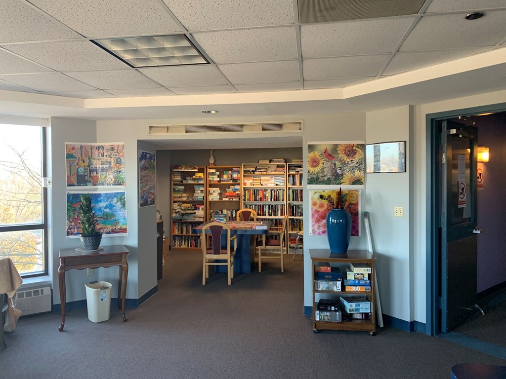 a view of the library from the entrance