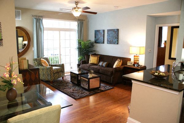 a living room filled with furniture and a ceiling fan