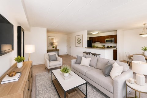 A modern living room with a grey couch and a coffee table.
