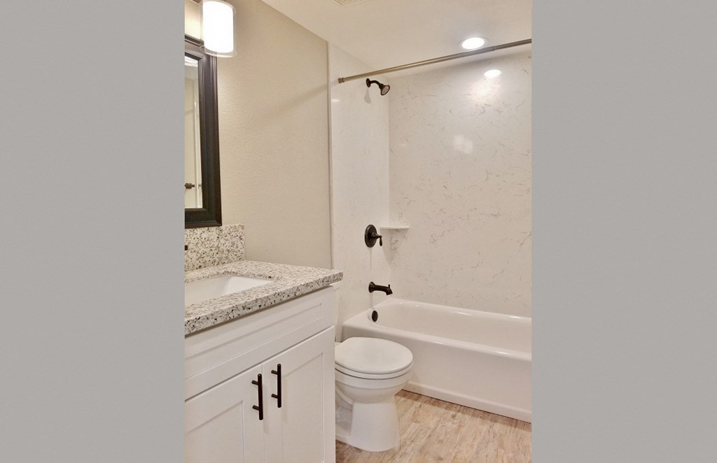 Bathroom view with vanity, toilet, and tub shower combo