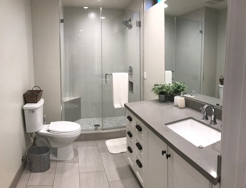 a bathroom with a toilet and a sink and a shower