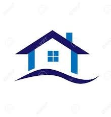 A simple house logo with a blue roof and a blue wave at the bottom.