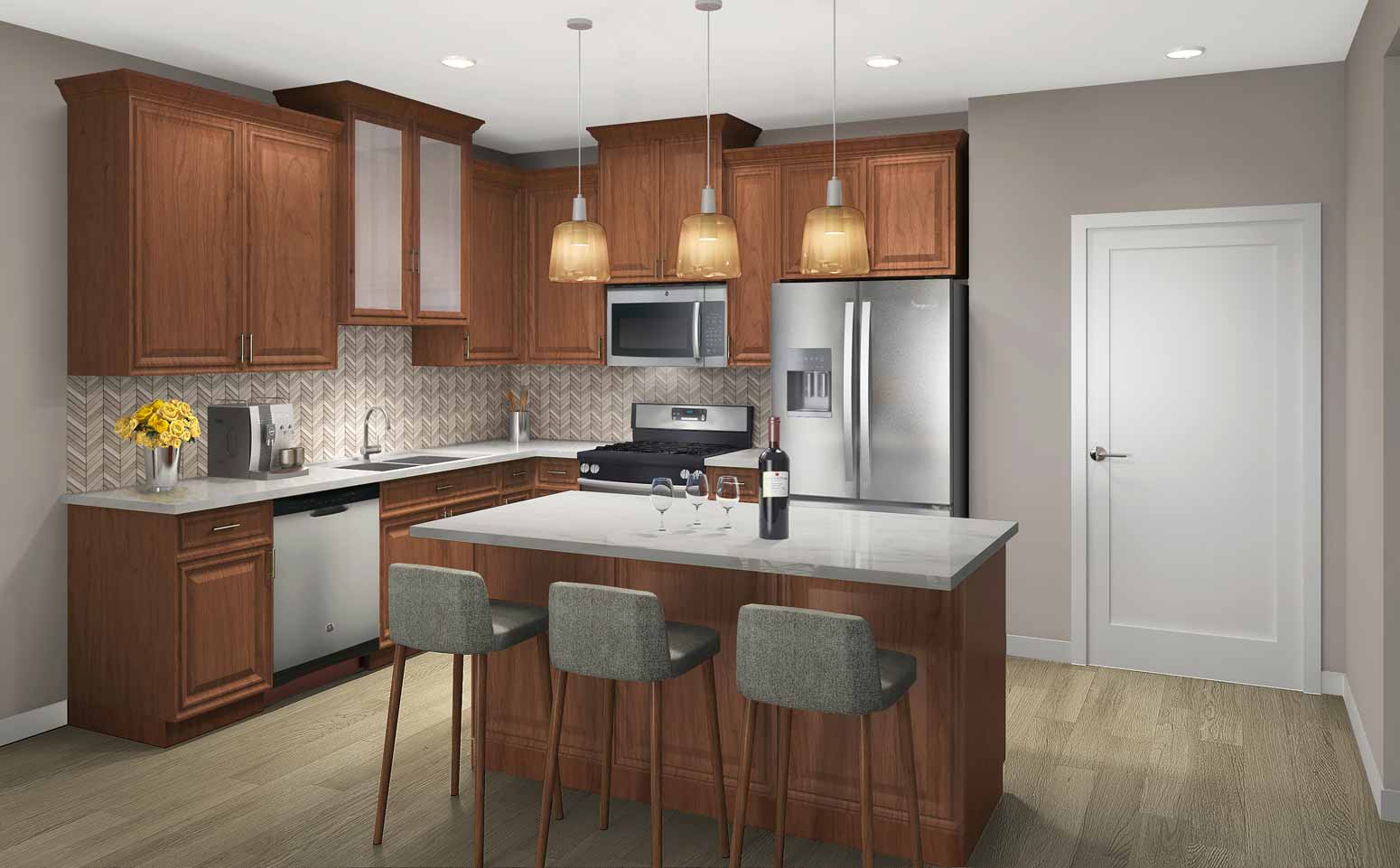 Summit design scheme with rich, cider wood cabinetry, herringbone backsplash and light quartz countertops